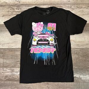 Hello Kitty Black Tee with Pink and Blue Racing Graphic